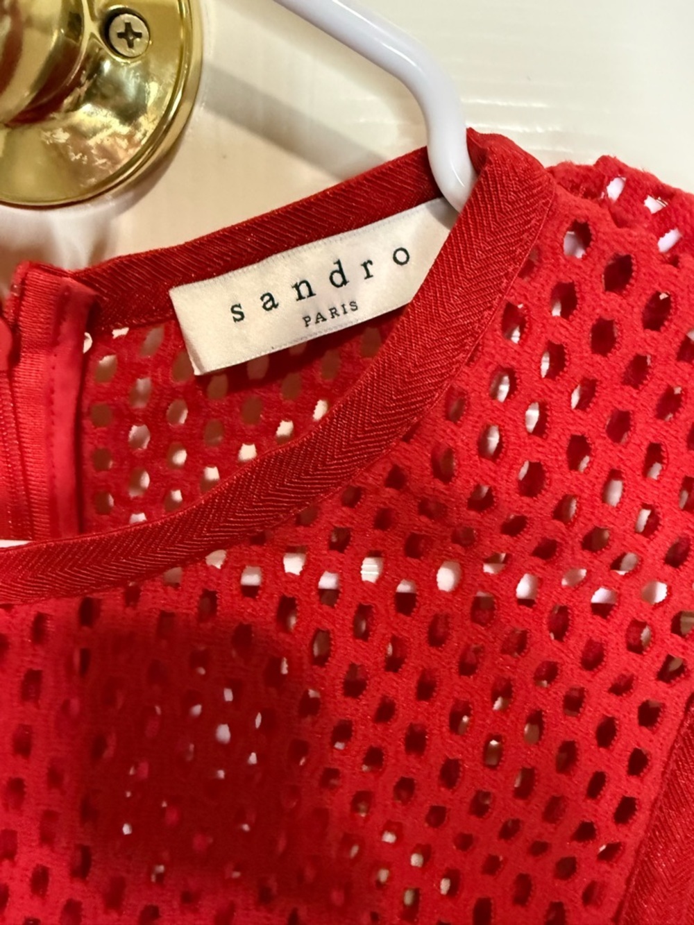 Sandro Paris Red Mesh Dress Size 2 Sleeveless Fit & Flare Perforated Midi Dress - Picture 2 of 4